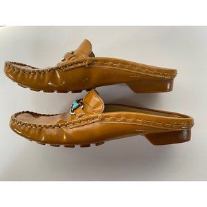 Modavi Moc Mules Leather Women's Slip On Size 6.5 Camel w/ Bright Blue Accent